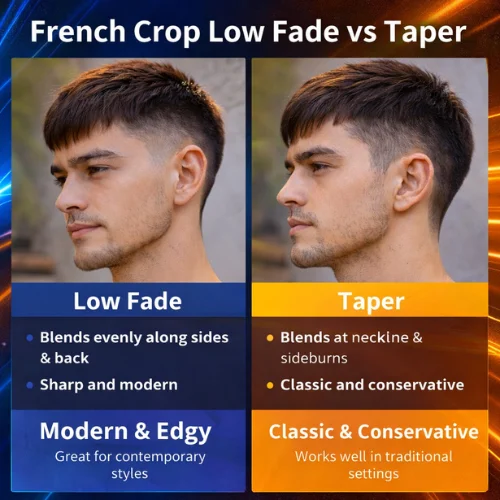 French crop low fade vs taper comparison infographic showing sharp low fade blending along sides and back versus classic taper around neckline modern mens haircut style guide