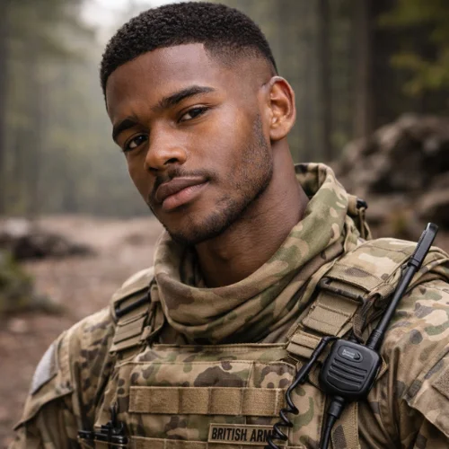 Short french crop mid fade on black UK army commando showing tight minimal top with smooth mid fade clean sharp professional mens hairstyle