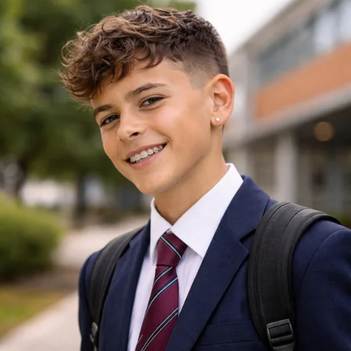 Wavy French crop haircut for students and teenagers with mid fade and textured waves trendy easy school hairstyle