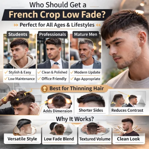 French crop low fade hairstyle infographic showing who should get this modern mens haircut including students professionals mature men and thinning hair benefits guide