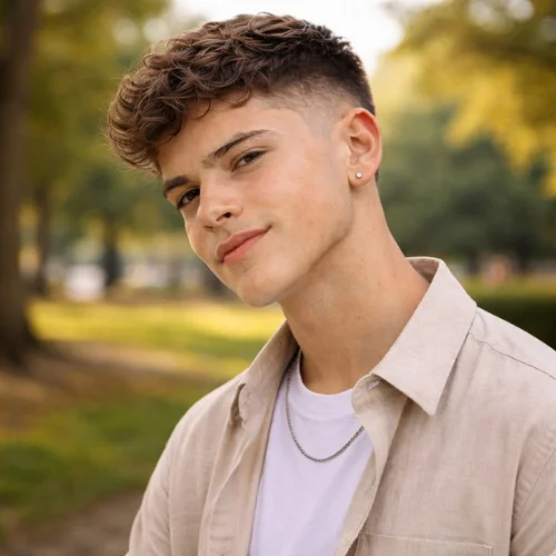 Wavy French crop haircut for young men with skin fade and textured top confident modern hairstyle in park
