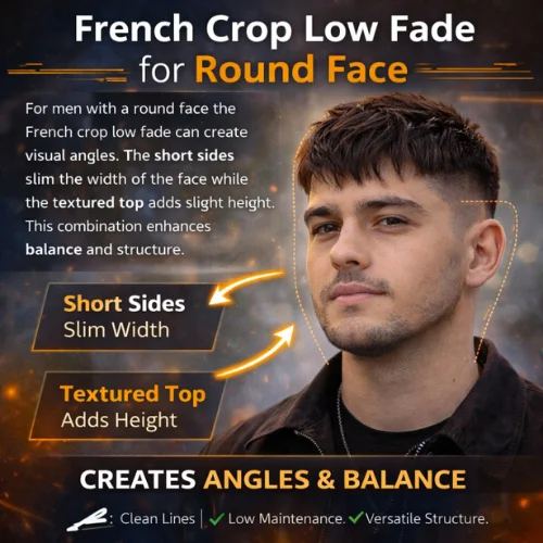 French crop low fade for round face infographic showing how short faded sides slim face width and textured top adds height for balanced mens hairstyle