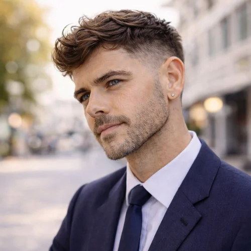 Wavy French crop haircut for mature men with low taper fade natural volume professional polished hairstyle
