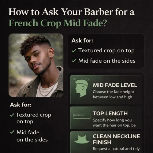 How to ask your barber for a french crop mid fade infographic showing textured crop with mid fade level top length and clean neckline finish guide