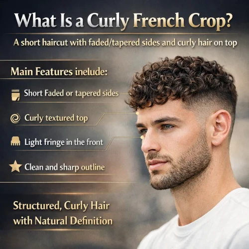What is a curly French crop haircut with short tapered sides and defined curls on top