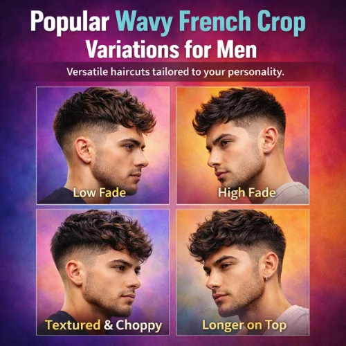 Popular wavy French crop variations for men with textured top and modern fade styles trendy customizable hairstyle