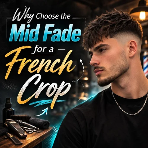 French crop mid fade hairstyle on young man with sharp jawline and clean mid fade showing strong contrast and modern structured mens haircut style