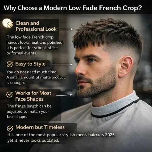 Modern Low Fade French Crop men’s haircut with sharp low fade, neat fringe, and polished professional look