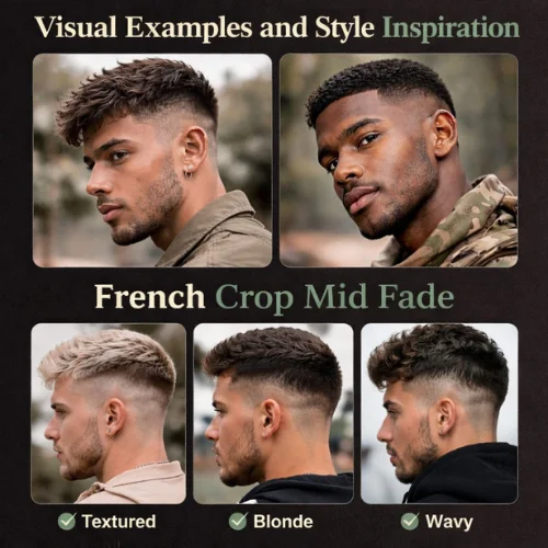 Visual examples of french crop mid fade hairstyle showing different textures face shapes and modern variations for style inspiration guide
