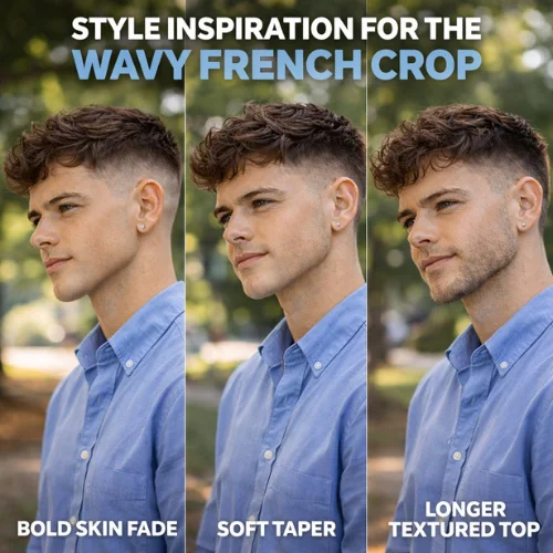 Wavy French crop hairstyle inspiration with skin fade and soft taper on young boy wearing blue shirt in park
