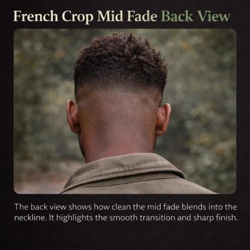 French crop mid fade blonde hair showing light textured top with clean mid fade contrast bold modern mens hairstyle in studio setting