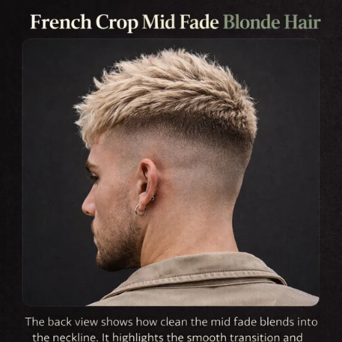 French crop mid fade blonde hair showing light textured top with clean mid fade contrast bold modern mens hairstyle in studio setting