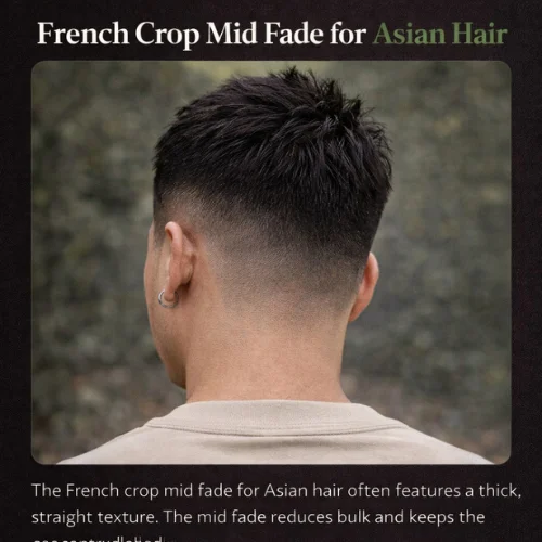 French crop mid fade for Asian hair showing thick straight textured top with clean mid fade and controlled shape modern structured mens hairstyle