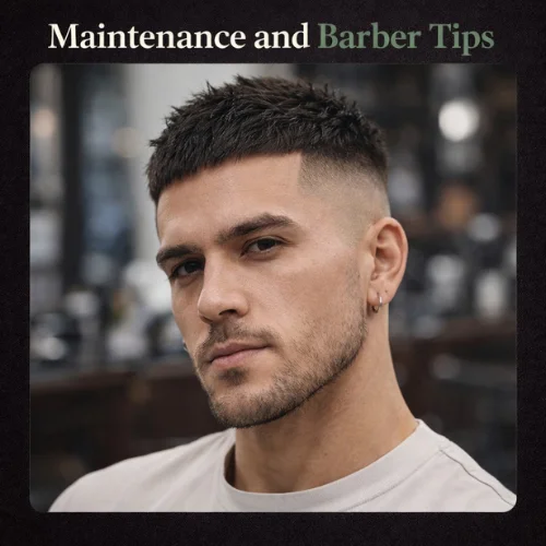 French crop mid fade hairstyle in barbershop setting showing clean mid fade sharp neckline and textured top modern mens grooming look

