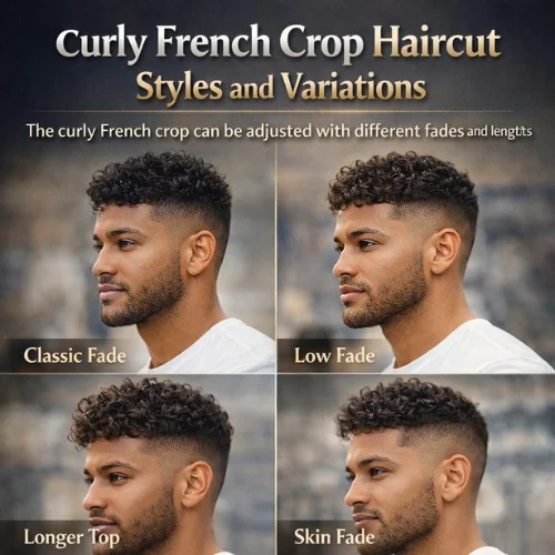 Curly French crop haircut styles and variations for men with tight curls and fade, modern textured hairstyle