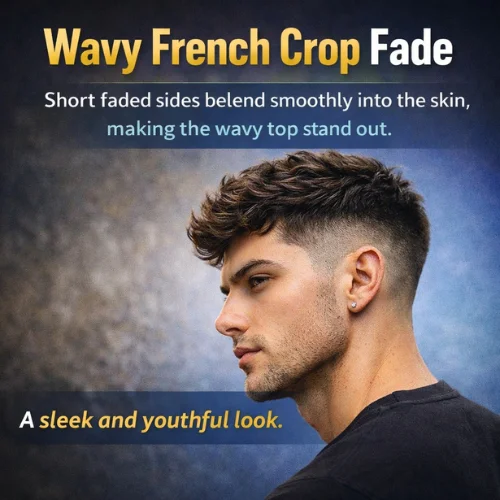 Wavy French crop fade haircut for men with short faded sides and textured wavy top modern trendy hairstyle