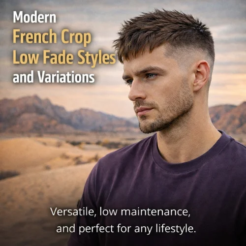 French crop low fade modern mens hairstyle desert background
