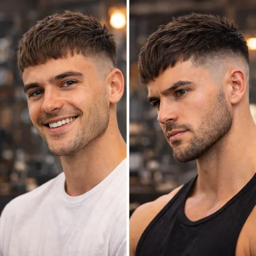 Modern french crop mid fade styles on two men with different face shapes one smiling and one muscular showing clean mid fade and textured crop haircut in barbershop setting
