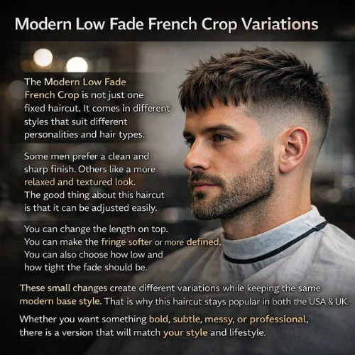 Modern Low Fade French Crop haircut variations with sharp low fade sides and adjustable fringe styles