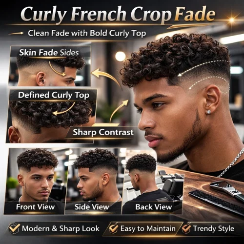 Curly French crop fade haircut with skin fade sides and defined curly top, modern men’s hairstyle