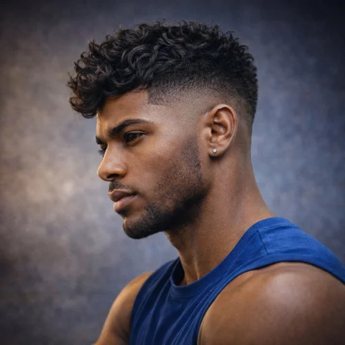 High fade wavy French crop haircut for Black men with muscular build and textured waves on top modern bold hairstyle
