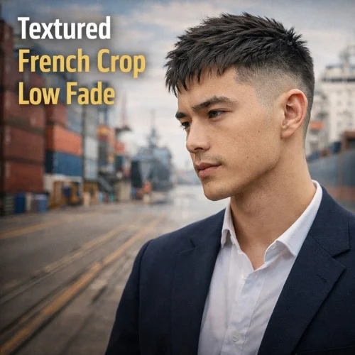Textured French crop low fade modern mens haircut shipyard background