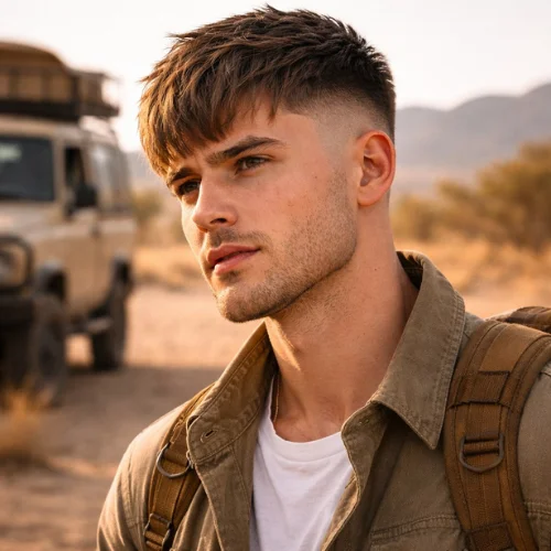 Fringe french crop mid fade haircut with longer front fringe and clean mid fade showing balanced modern mens hairstyle in studio setting
