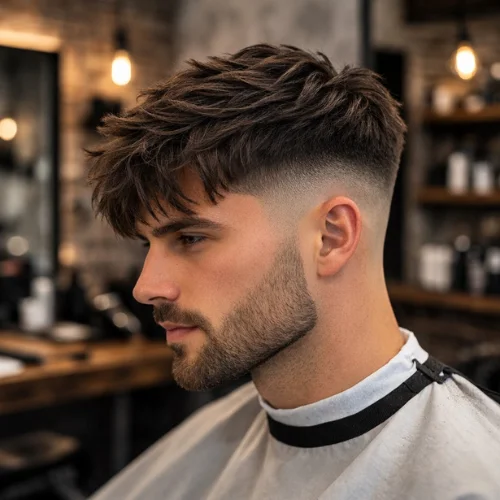 Modern Low Fade French Crop with long textured top and clean low fade sides in barbershop
