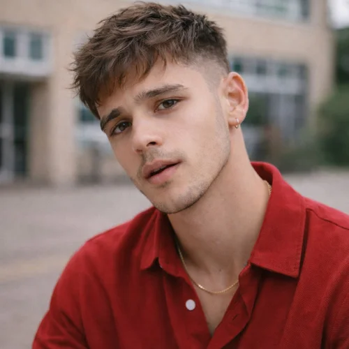 thin hair textured french crop haircut on young man wearing red shirt with natural volume