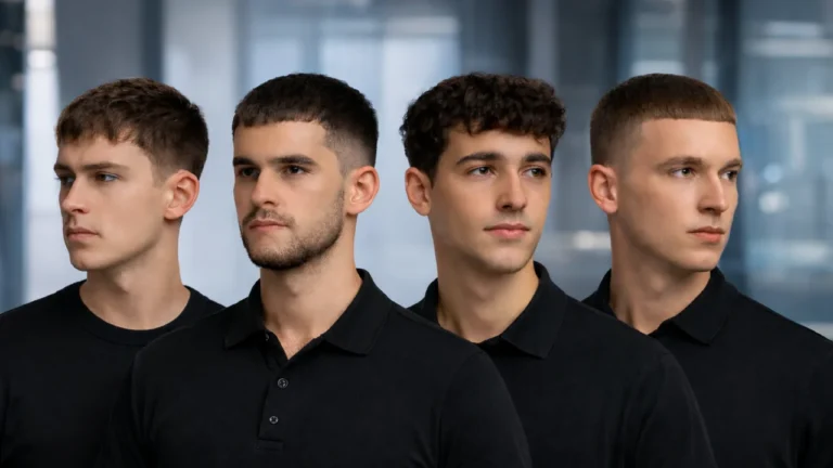 Four men with different French crop haircuts in a professional studio background, showcasing modern men’s hairstyle variations.