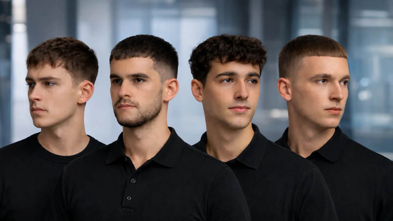 Four men with different French crop haircuts in a professional studio background, showcasing modern men’s hairstyle variations.