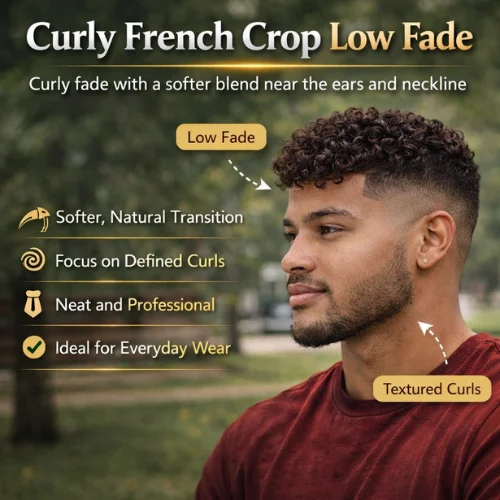 Curly French crop low fade haircut with soft taper near ears and defined curly top, modern men’s hairstyle