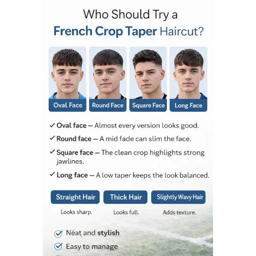 French crop taper haircut comparison showing styles for different face shapes and hair types
