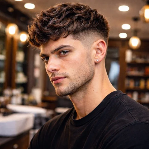 Young French boy with wavy French crop haircut wearing black shirt in modern barbershop stylish textured hairstyle