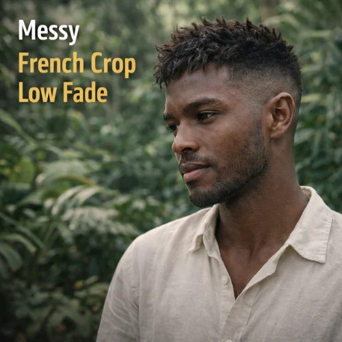 French crop low fade messy hairstyle on young African man wearing light shirt in jungle background modern mens haircut variation