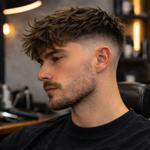 Messy Modern Low Fade French Crop hairstyle with loose textured top and sharp low fade sides
