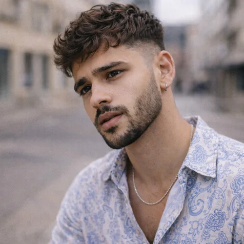 Close-up of a stylish young man with curly textured hair, fade haircut, light beard, and casual patterned shirt in an outdoor urban environment