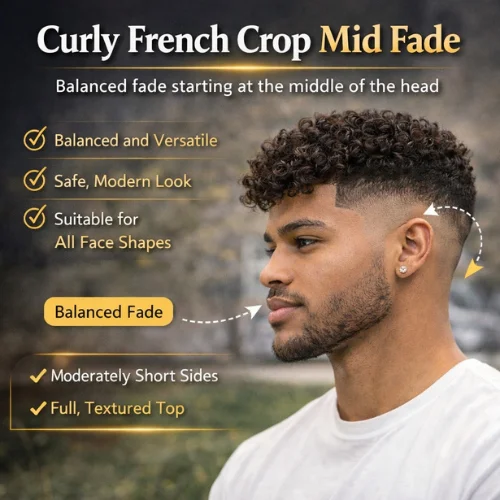 Curly French crop mid fade haircut with balanced fade and defined curly top, modern men’s hairstyle