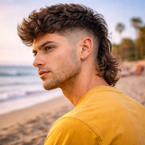 Wavy French crop mullet haircut on young French boy wearing yellow shirt at sea shore bold modern hairstyle
