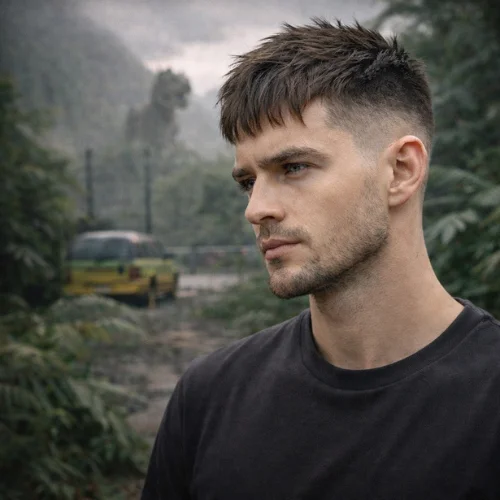Long French crop low fade haircut on young Arabic man wearing full sleeve shirt in front of waterfall showing longer textured top and clean low fade modern mens hairstyle