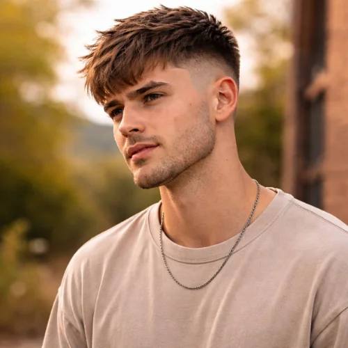 Messy french crop mid fade haircut with loose textured top and clean mid fade sides showing relaxed youthful modern mens hairstyle