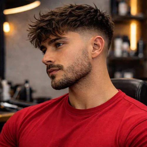 Modern Low Fade French Crop messy style with textured top and sharp low fade on Indian man