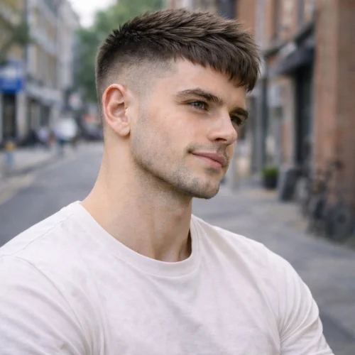 Man with short French crop taper fade haircut featuring smooth blended sides and neat neckline