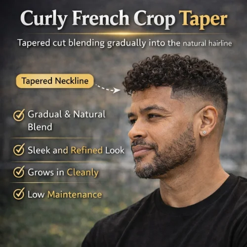 Curly French crop taper haircut with natural neckline blend and defined curly top, modern men’s hairstyle