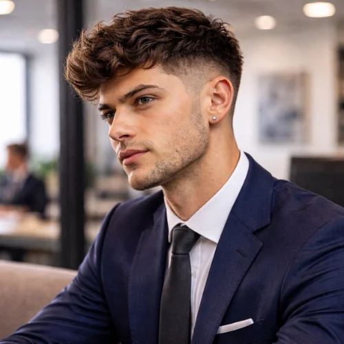 Classic wavy French crop haircut for men with tapered sides and natural waves in business meeting wearing two piece suit