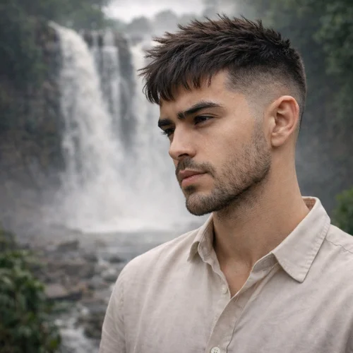 Long French crop low fade haircut on young Arabic man wearing full sleeve shirt in front of waterfall showing longer textured top and clean low fade modern mens hairstyle