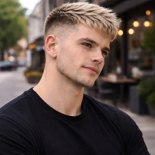 Short French crop blonde haircut with textured top and faded sides on young man