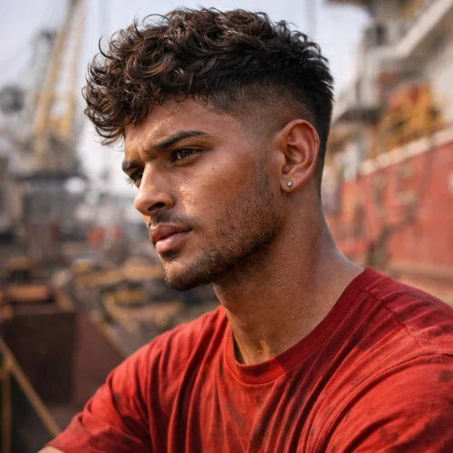 Textured wavy French crop haircut for Indian boy with thick hair wearing red shirt at shipyard modern voluminous hairstyle

