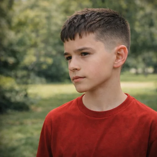 Short French crop low fade haircut on young French boy wearing red shirt in park showing clean short top and neat low fade minimal modern boys hairstyle