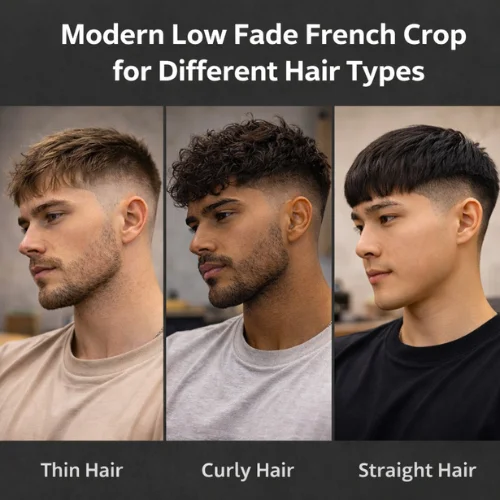 Modern Low Fade French Crop for different hair types including thin, curly, and straight hair styles

